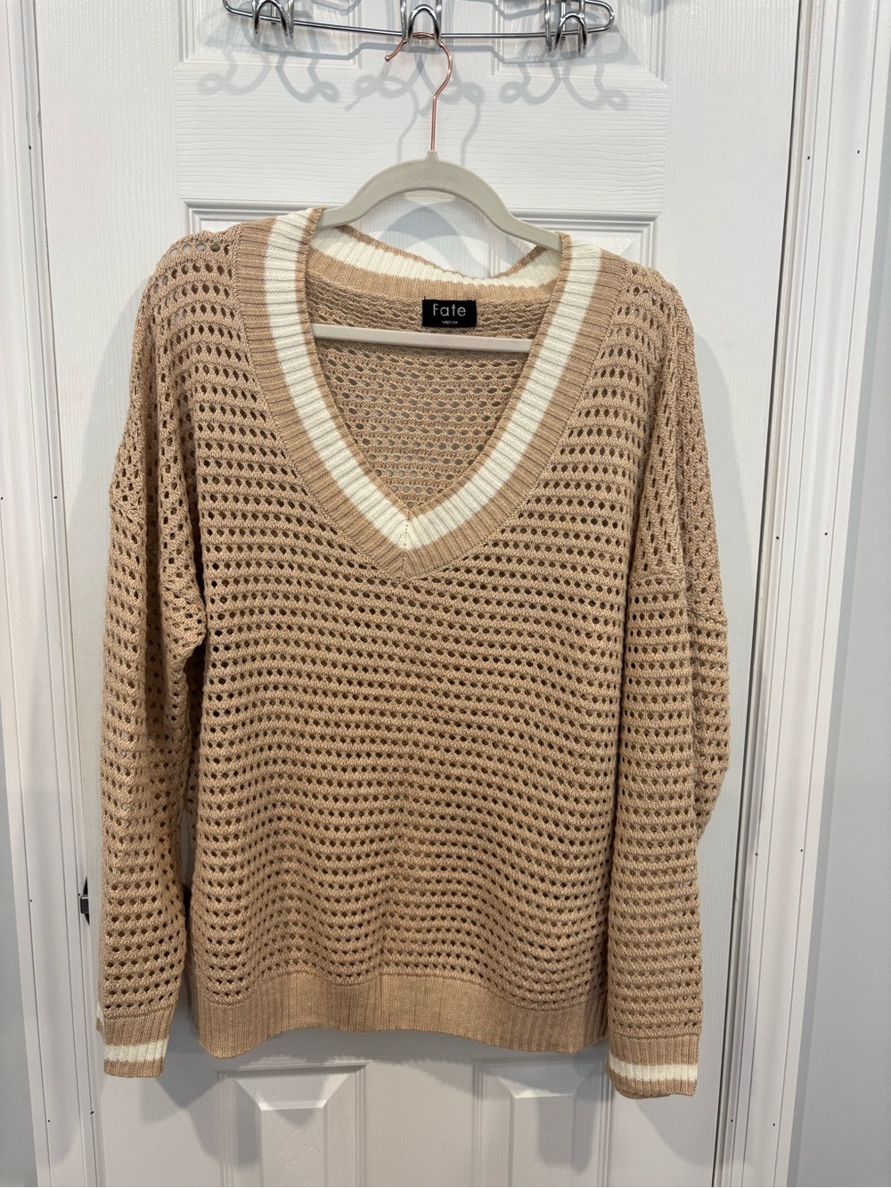 Fate Open-Knit V-Neck Sweater in Beige with Cream Trim